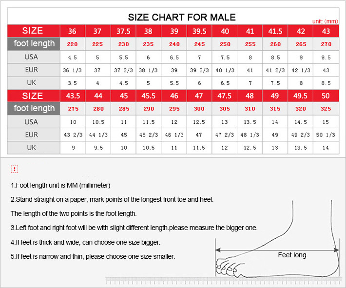 shoe length sizing chart